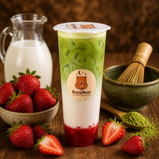 Strawberry Bear Matcha Latte.